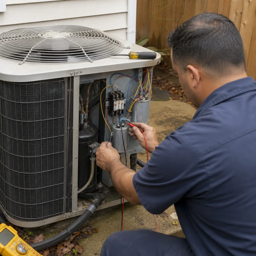 HVAC technician performing AC unit installation and electrical maintenance outdoors