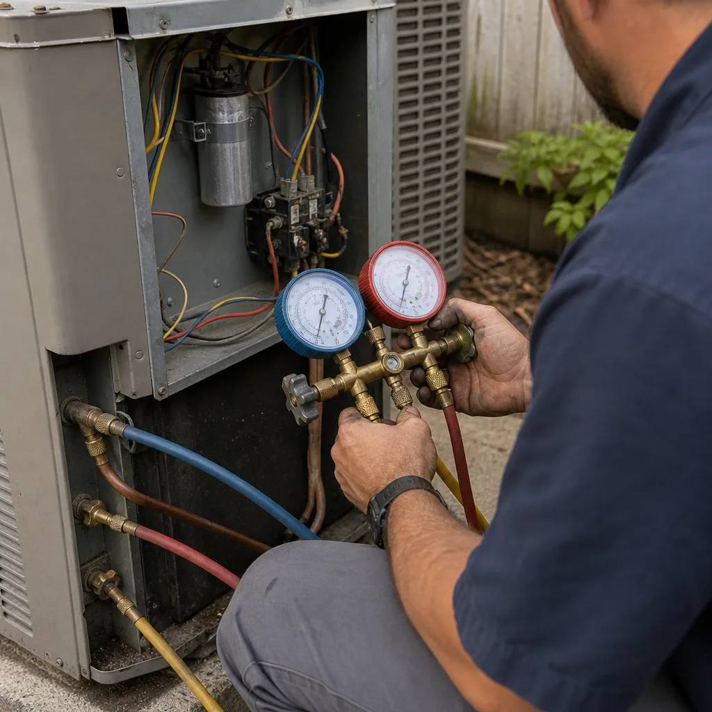 HVAC technician using manifold gauges to service an outdoor air conditioning unit