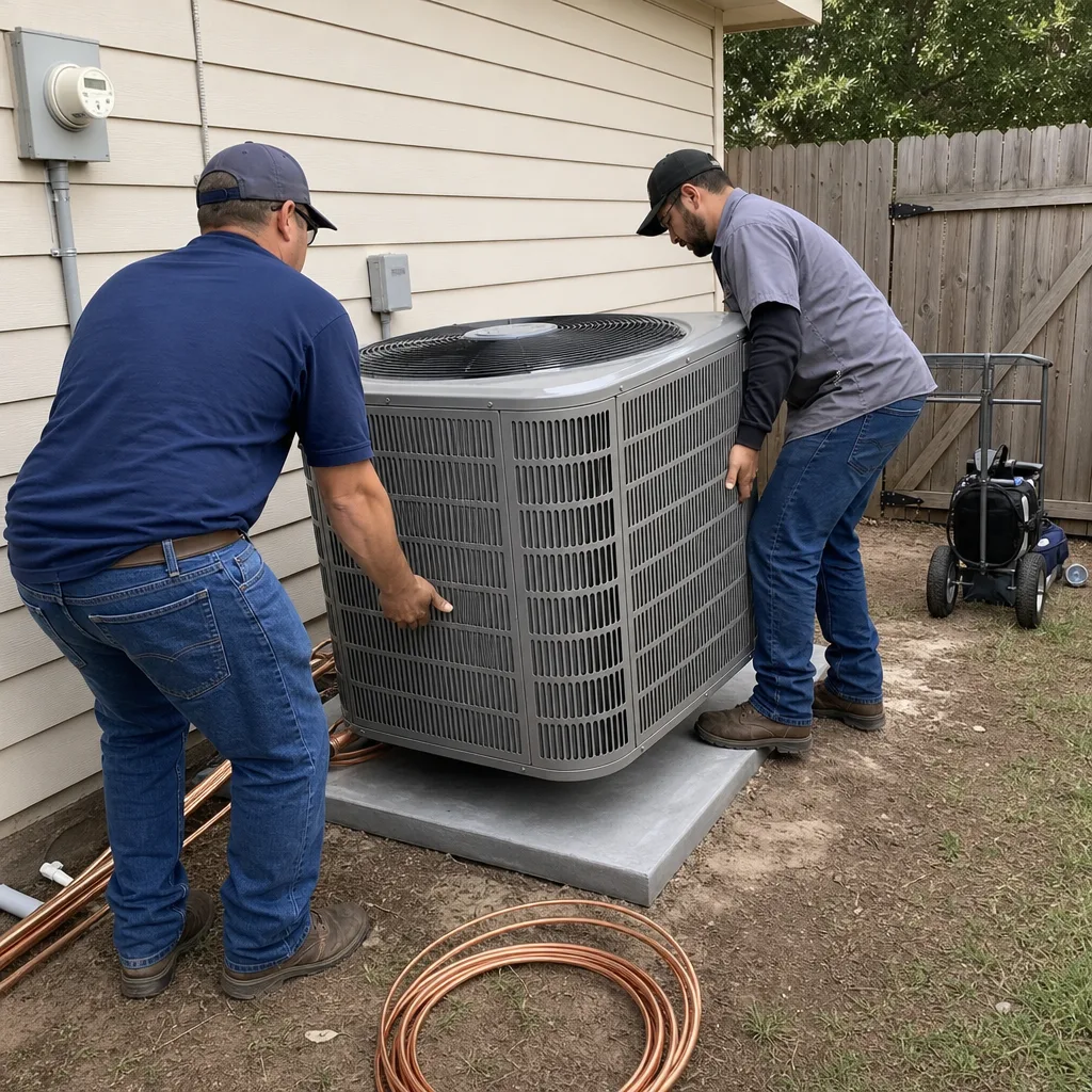 Two professional HVAC technicians installing a residential air conditioning condenser unit.