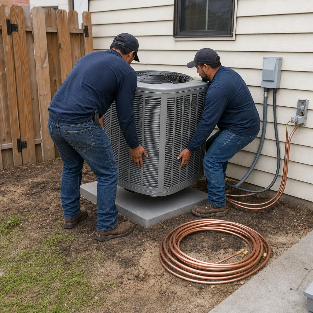 Two HVAC technicians installing an outdoor air conditioning unit