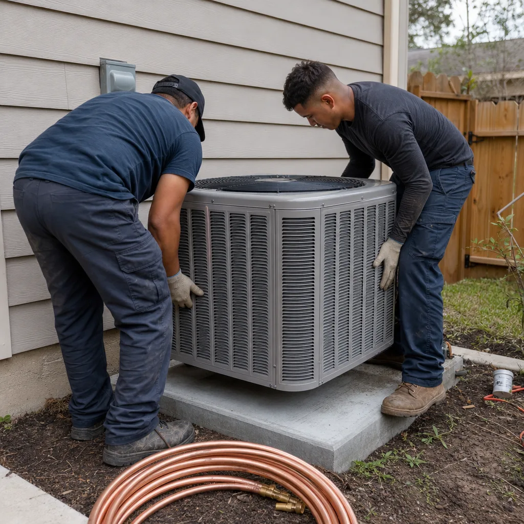 Two professional HVAC technicians installing an outdoor air conditioning unit