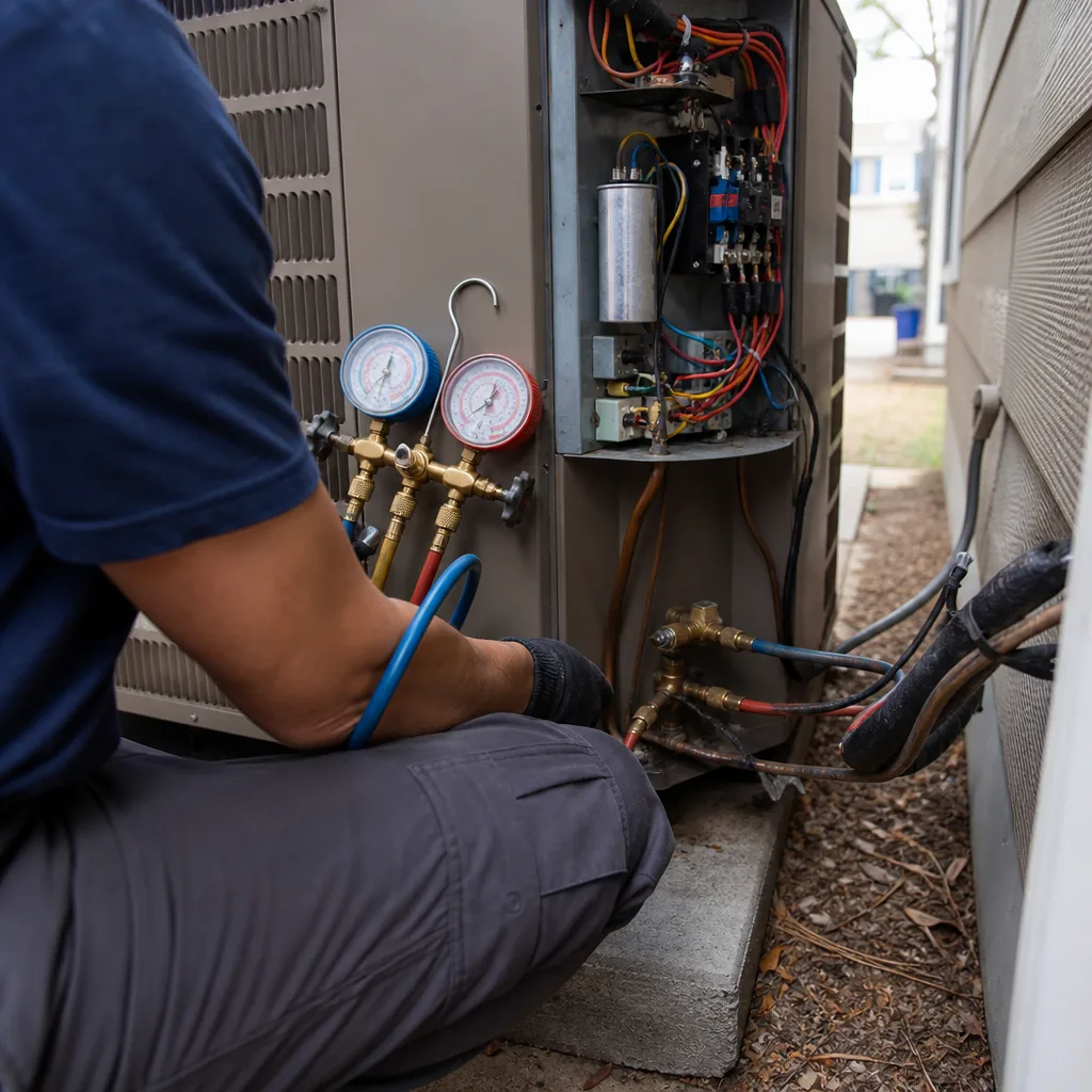 HVAC technician performing AC repair with gauges on outdoor condenser unit