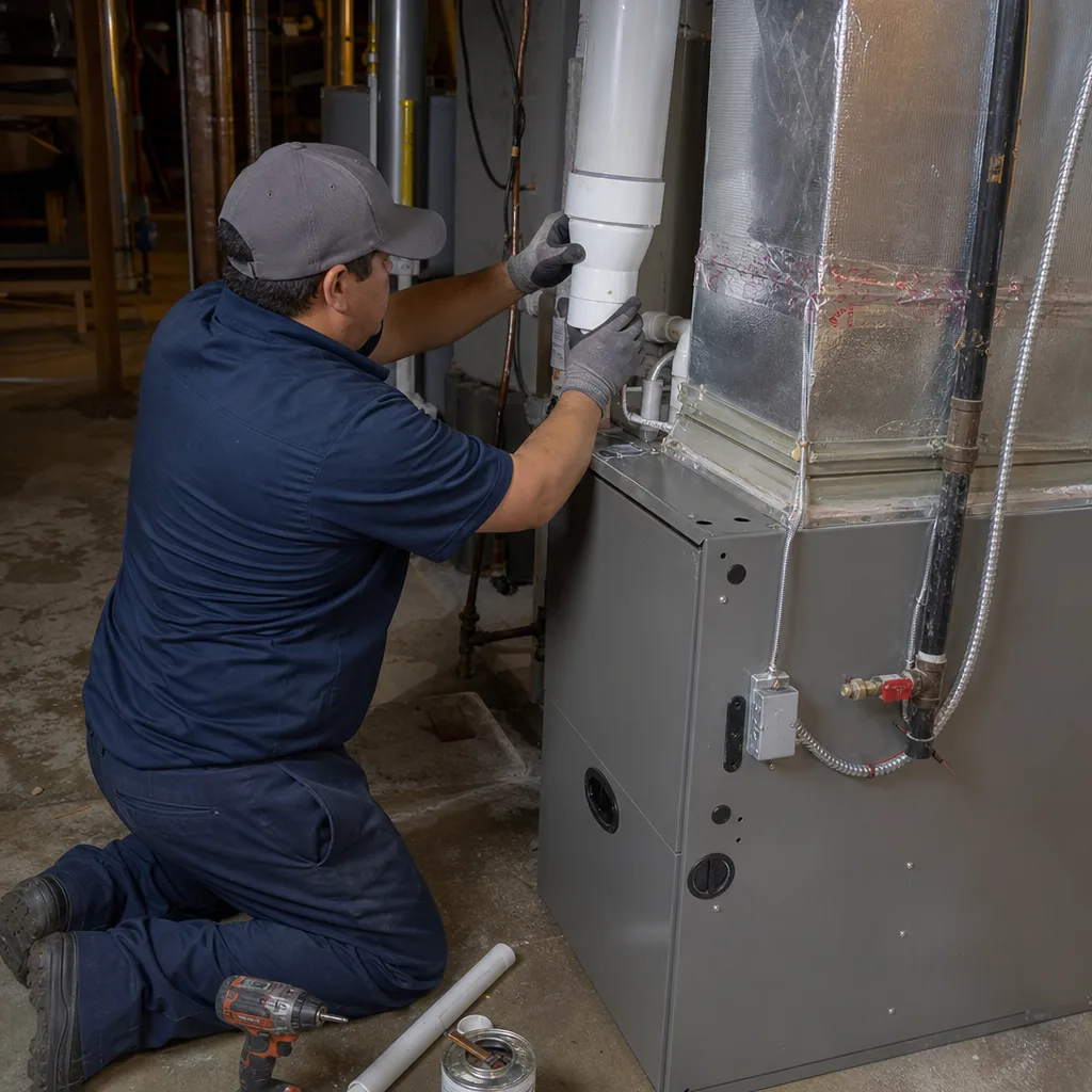 HVAC technician installing PVC furnace vent piping in a basement
