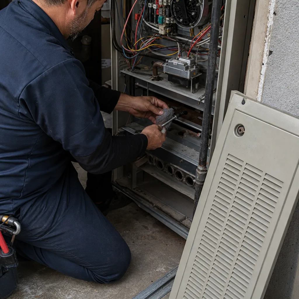 HVAC technician performing professional furnace repair and maintenance on a heating unit