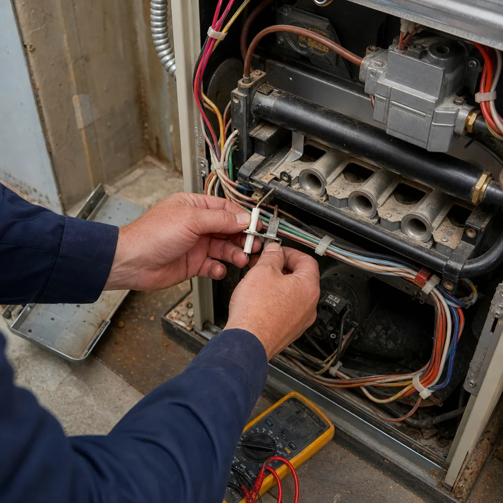 HVAC technician performing a professional furnace repair and maintenance service